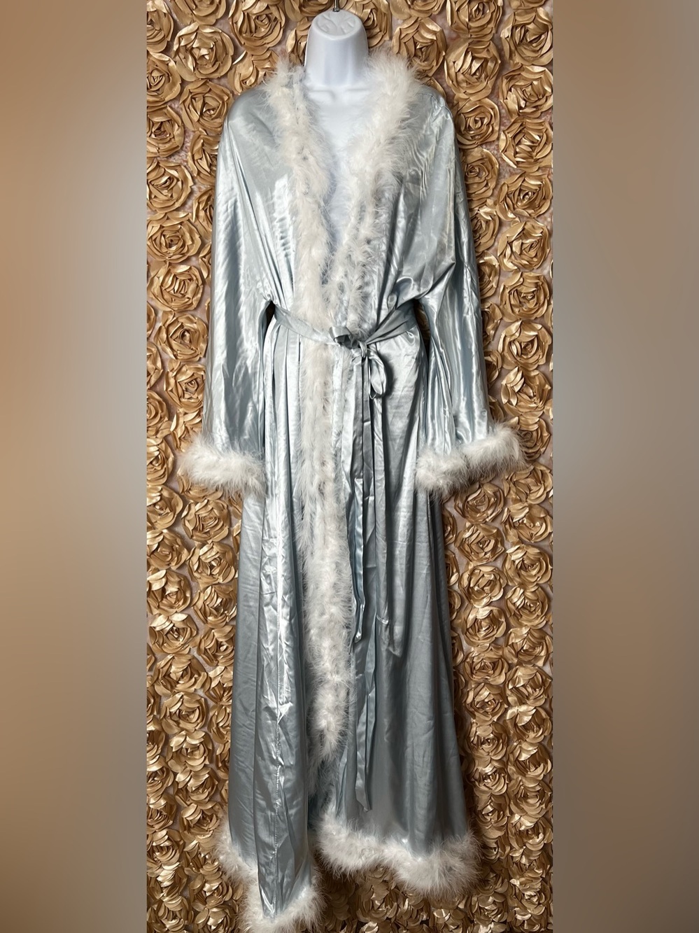 Silver Satin Feather-Trim Long Robe - Women's Intimates